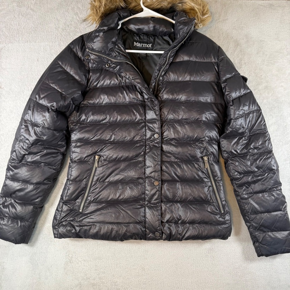 Marmot Starfire 700 Fill Down Puffer Jacket Black Faux Fur Hood Women‎ Large